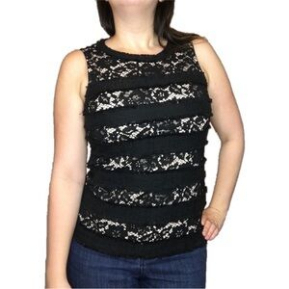 J. Crew Womans Black And Cream Lace Career Wear Tank Sleeveless Blouse L